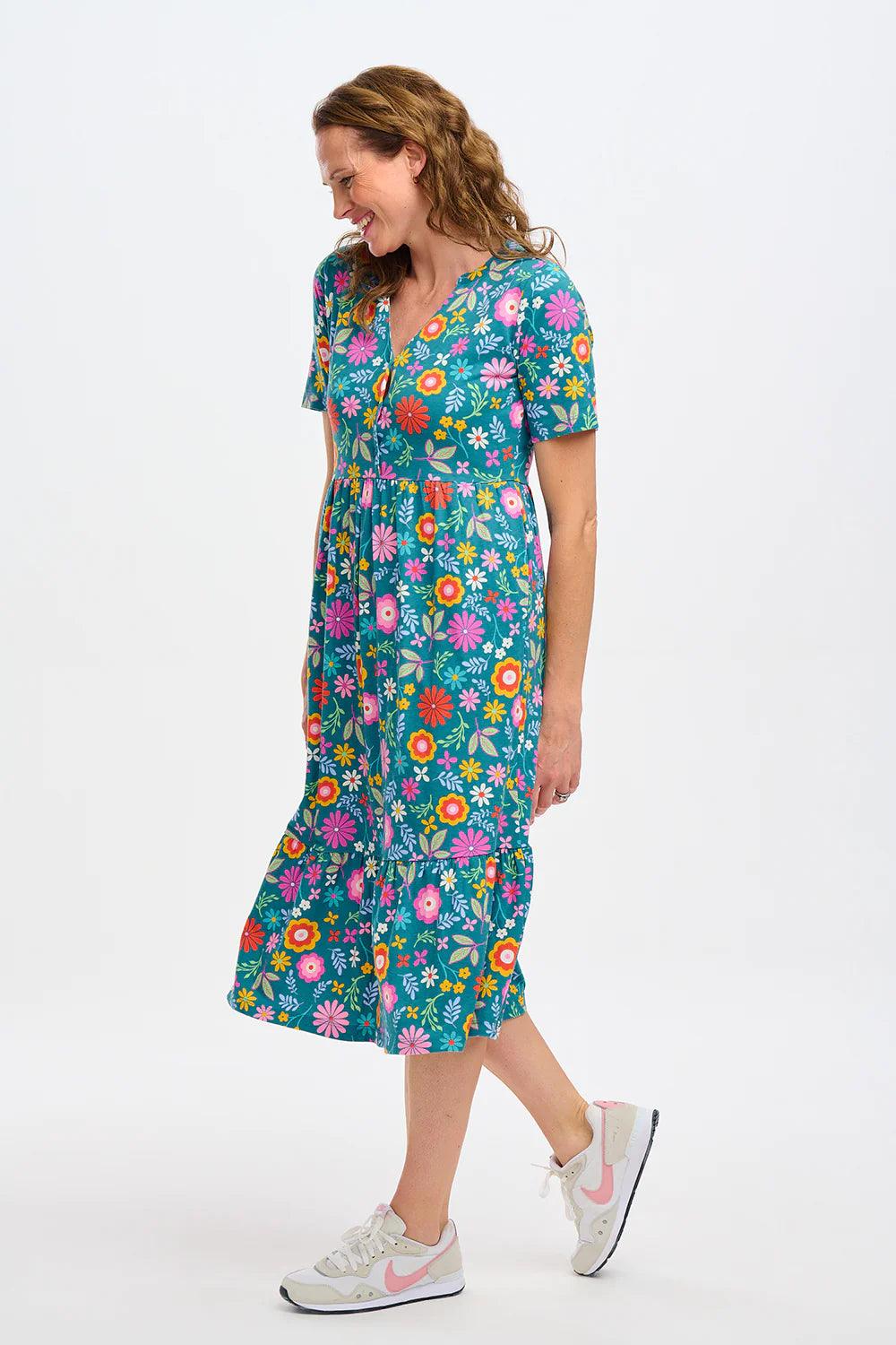 Vestido Sugarhill Midi Smock Teal Folk Floral - ECRU