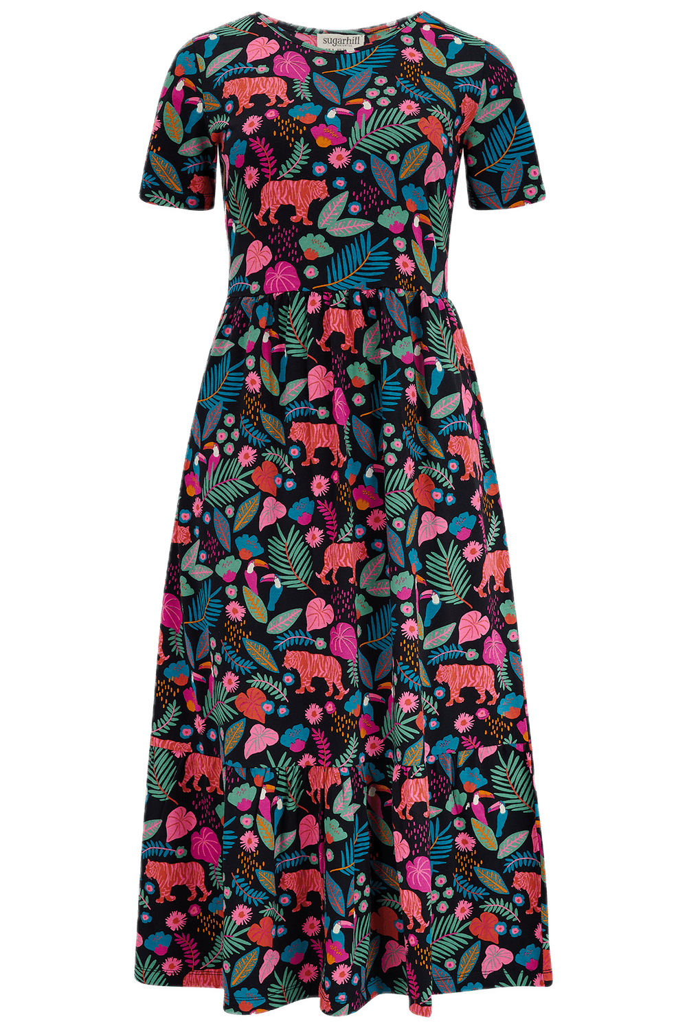 Vestido Sugarhill Unna Midi de Punto Smock Black Tigers & Toucans - ECRU