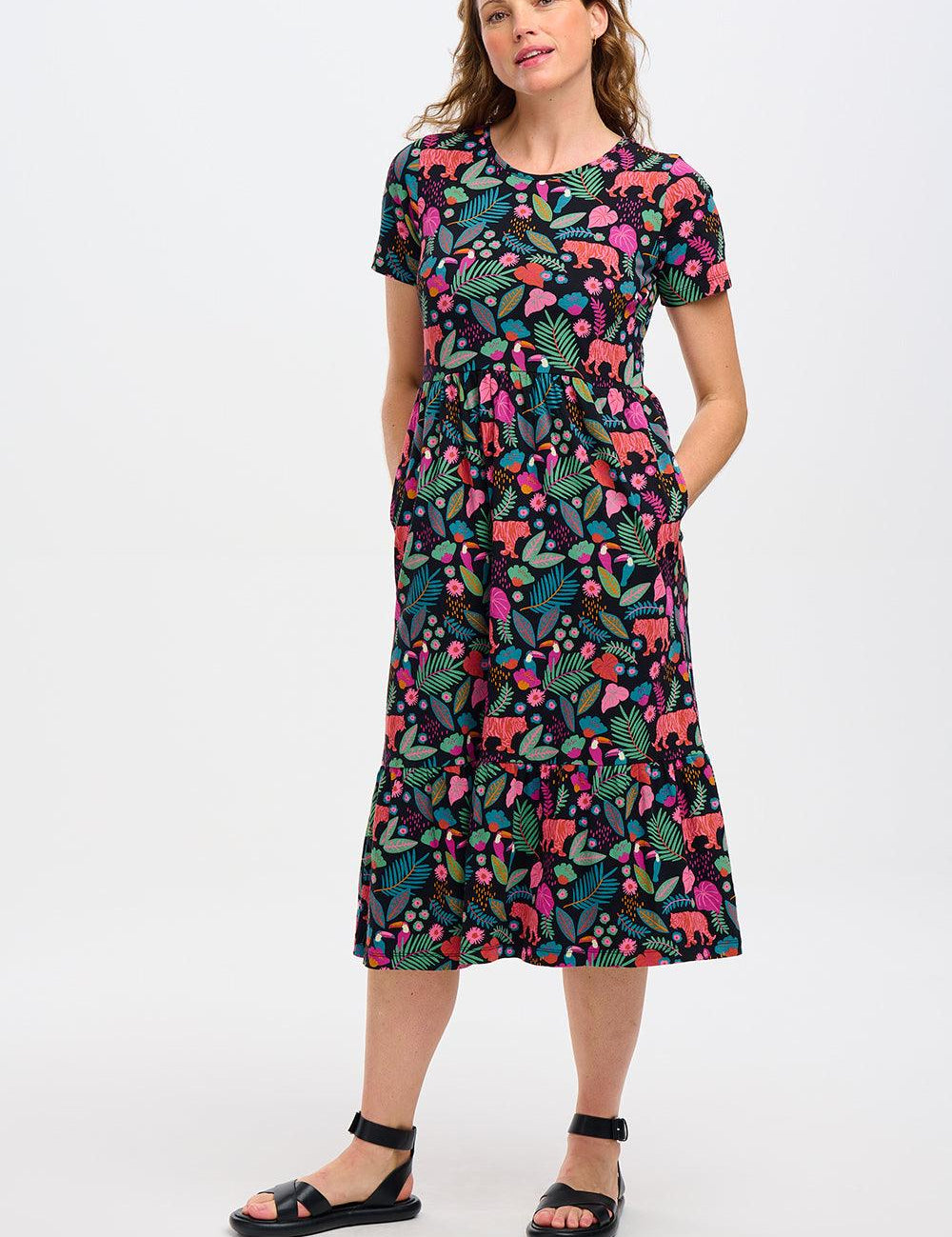 Vestido Sugarhill Unna Midi de Punto Smock Black Tigers & Toucans - ECRU