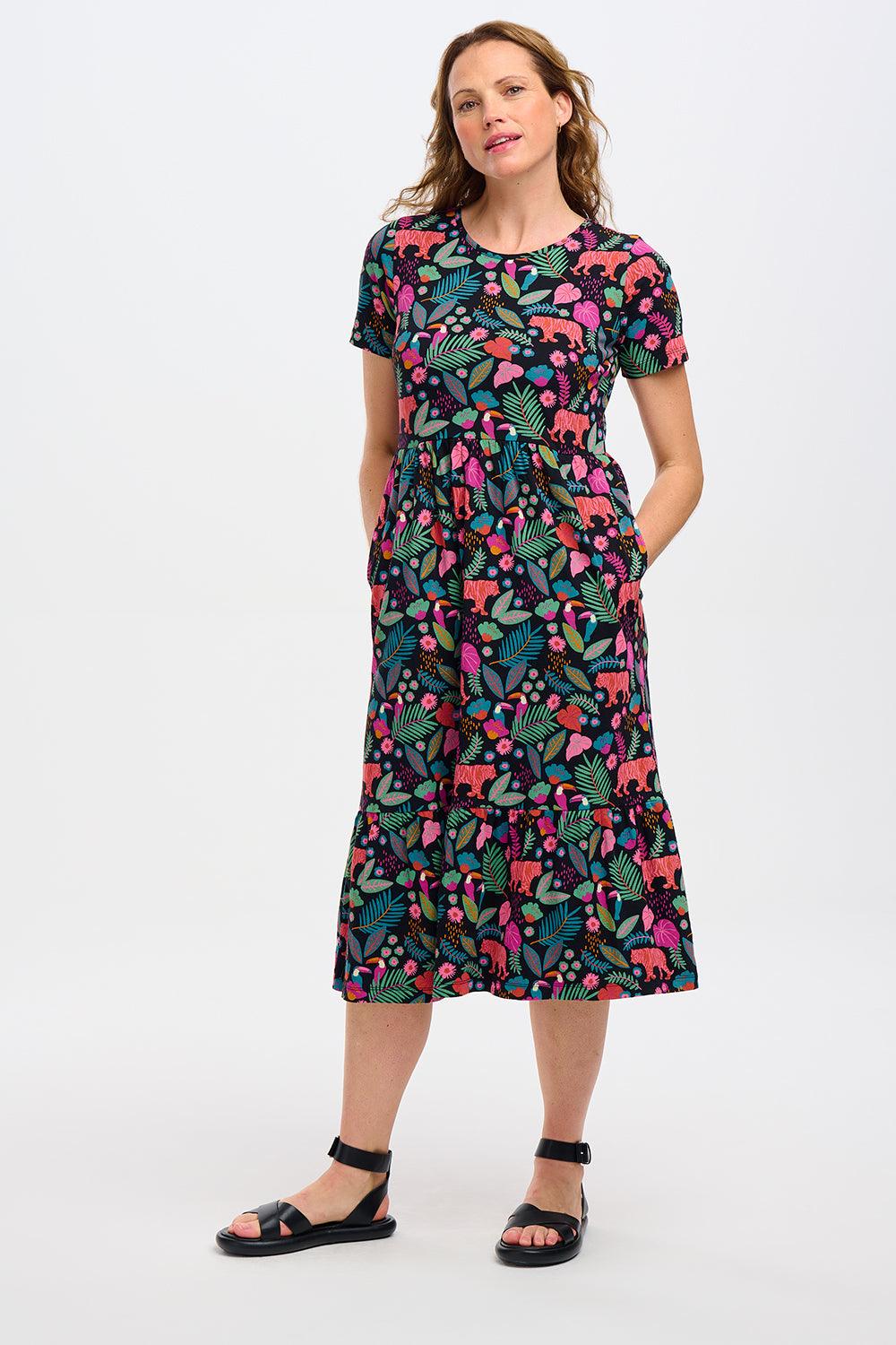 Vestido Sugarhill Unna Midi de Punto Smock Black Tigers & Toucans - ECRU