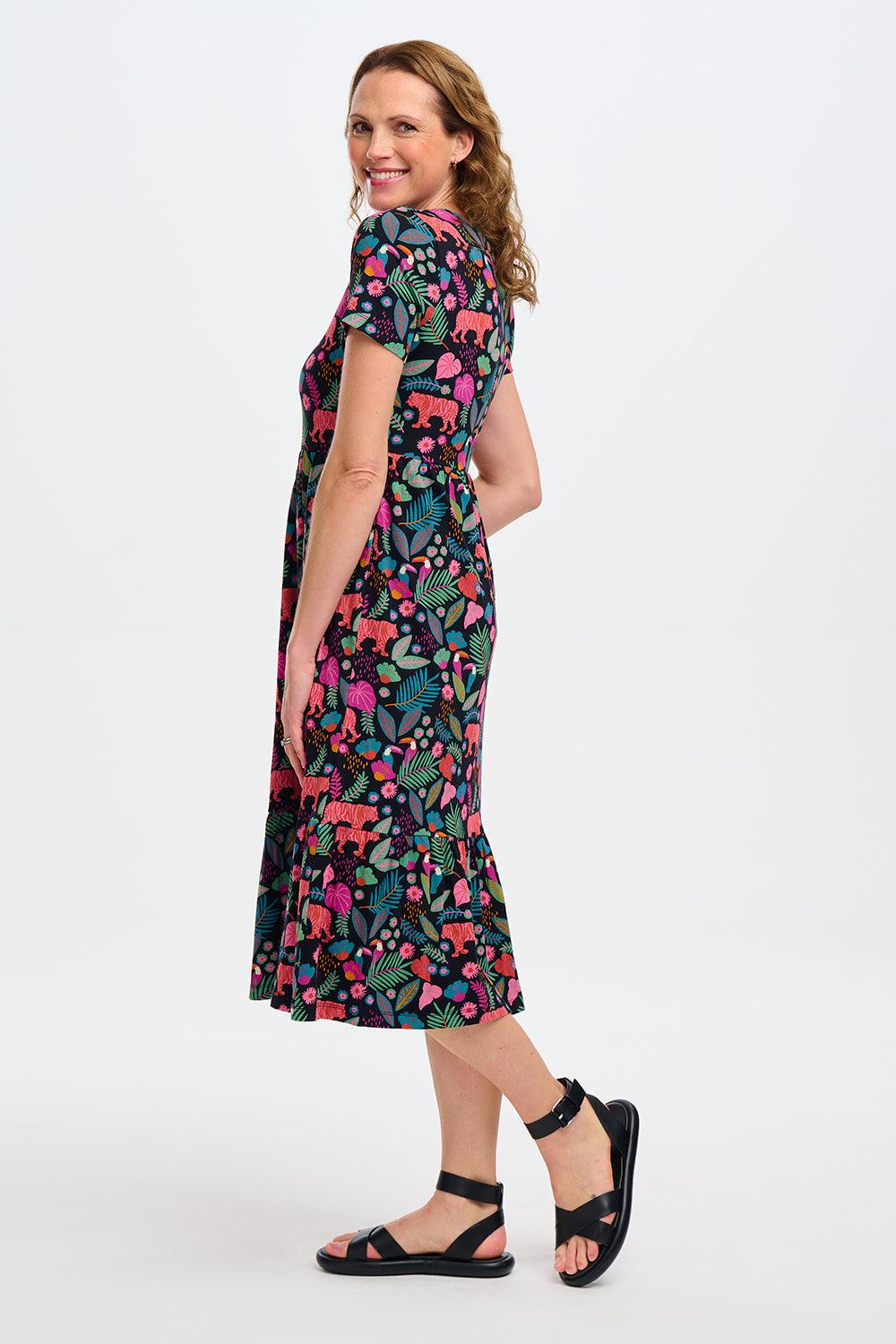 Vestido Sugarhill Unna Midi de Punto Smock Black Tigers & Toucans - ECRU