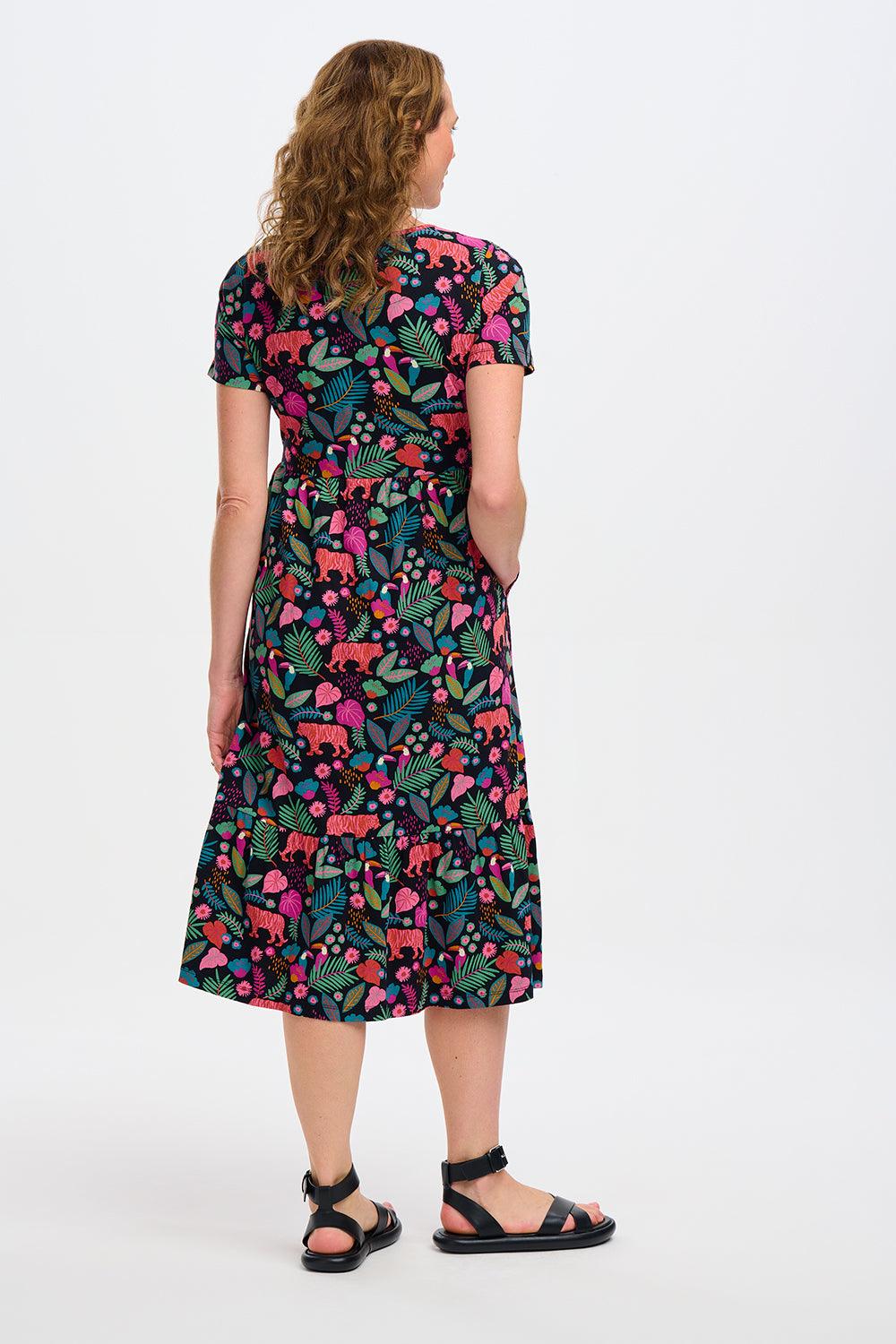 Vestido Sugarhill Unna Midi de Punto Smock Black Tigers & Toucans - ECRU