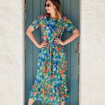 Vestido Sugarhill Vicky Maxi Smock Teal Rainbow Jungle - ECRU