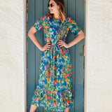 Vestido Sugarhill Vicky Maxi Smock Teal Rainbow Jungle - ECRU