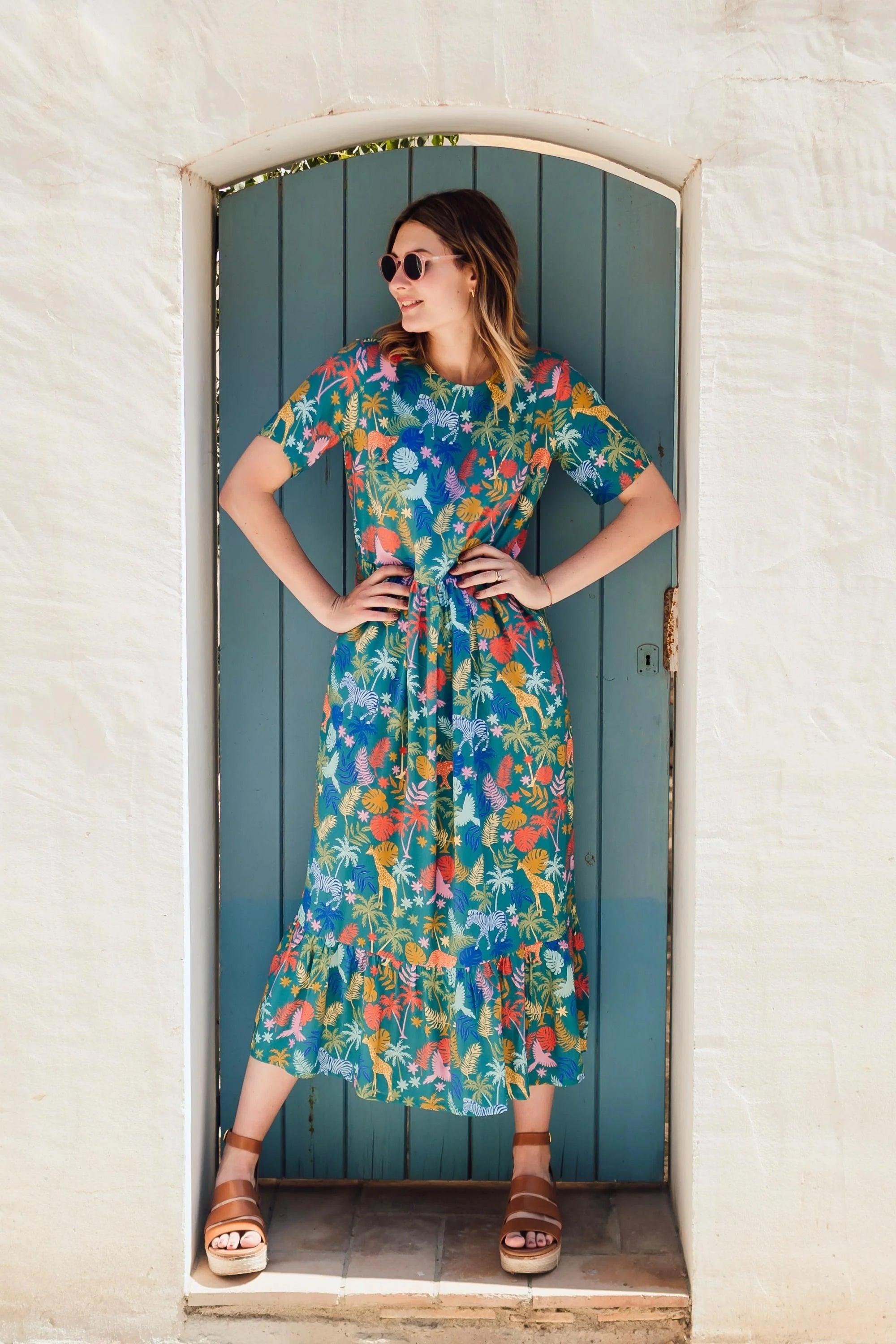 Vestido Sugarhill Vicky Maxi Smock Teal Rainbow Jungle - ECRU