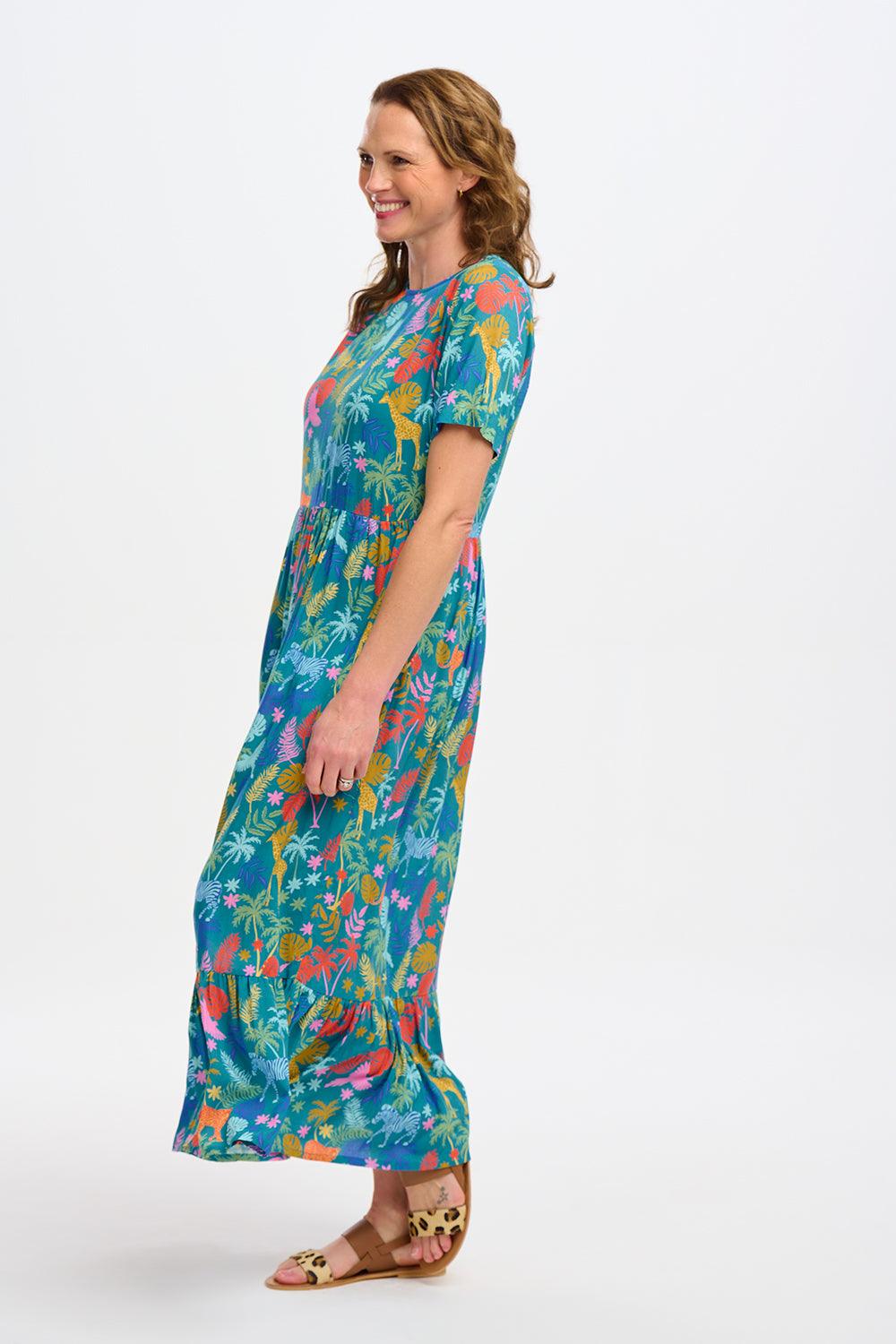 Vestido Sugarhill Vicky Maxi Smock Teal Rainbow Jungle - ECRU