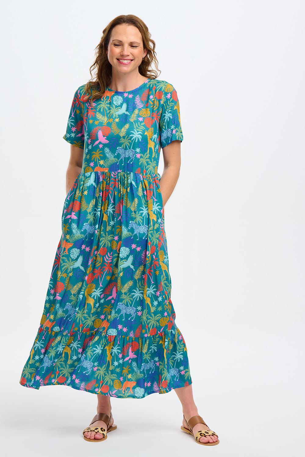 Vestido Sugarhill Vicky Maxi Smock Teal Rainbow Jungle - ECRU