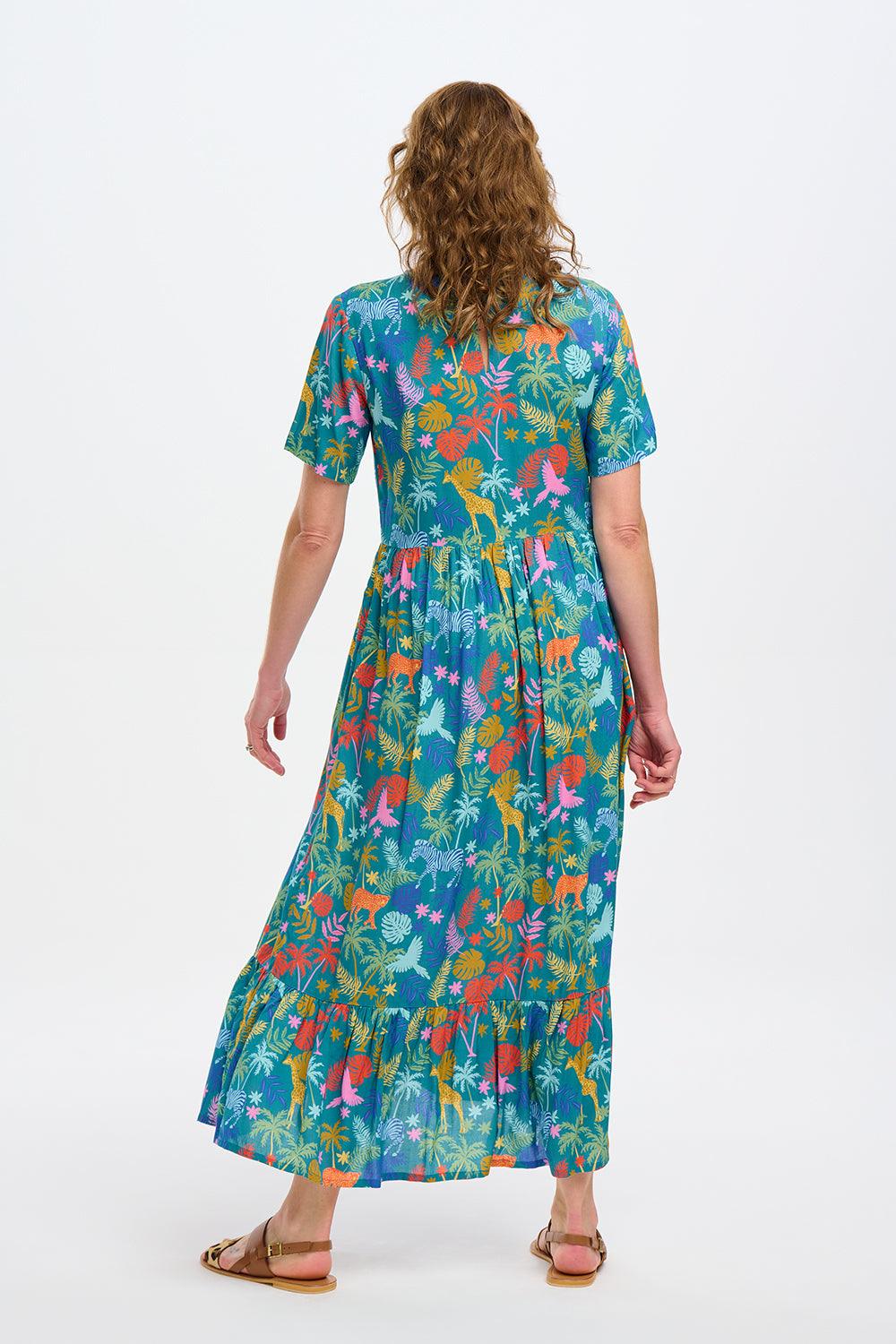 Vestido Sugarhill Vicky Maxi Smock Teal Rainbow Jungle - ECRU