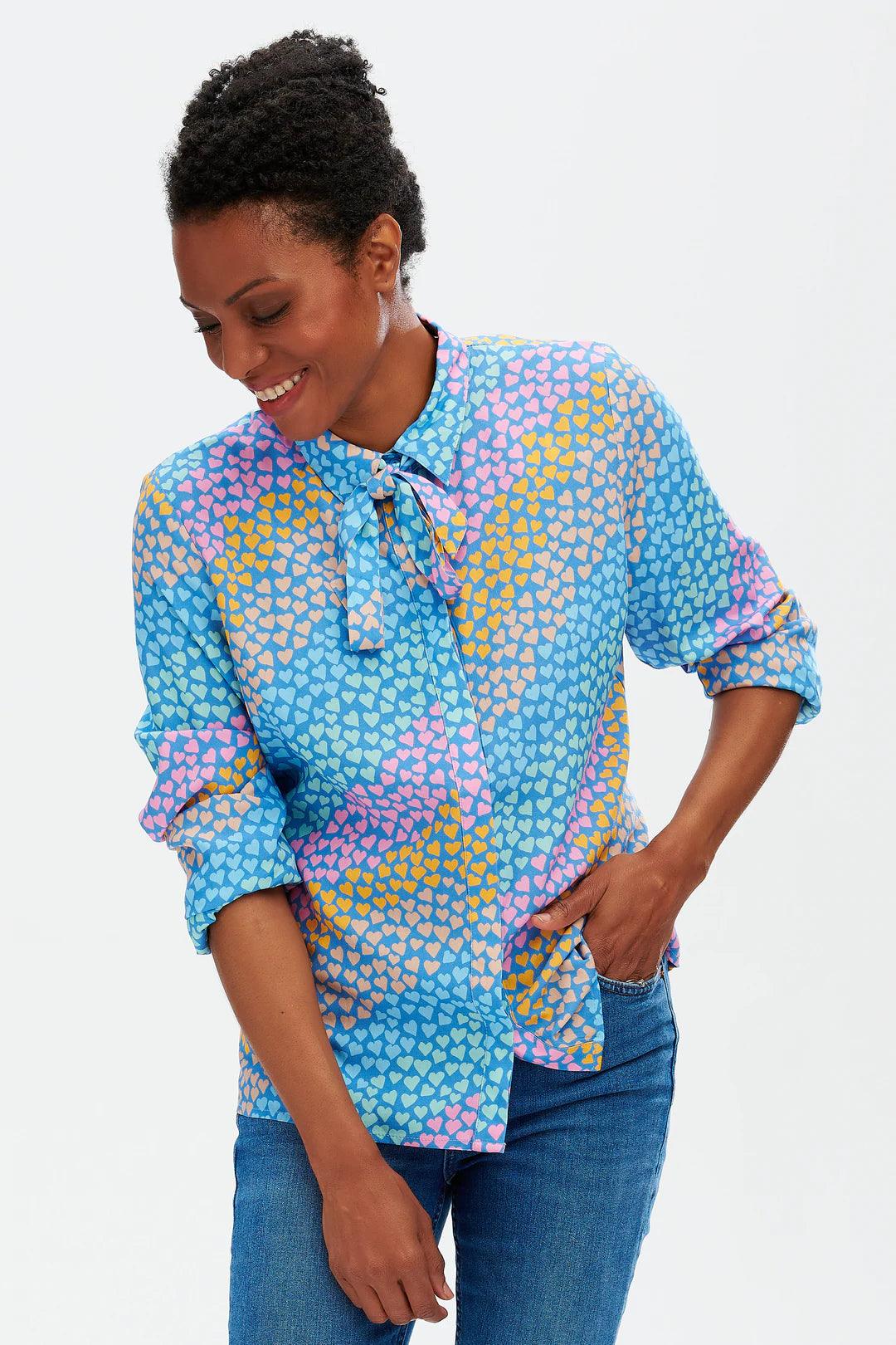 Camisa Catrina Blue Sliding Hearts - ECRU