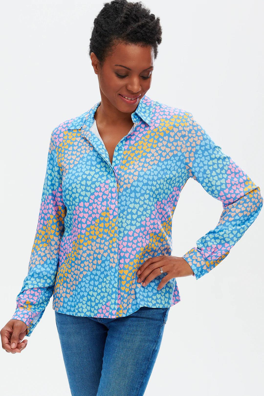 Camisa Catrina Blue Sliding Hearts - ECRU