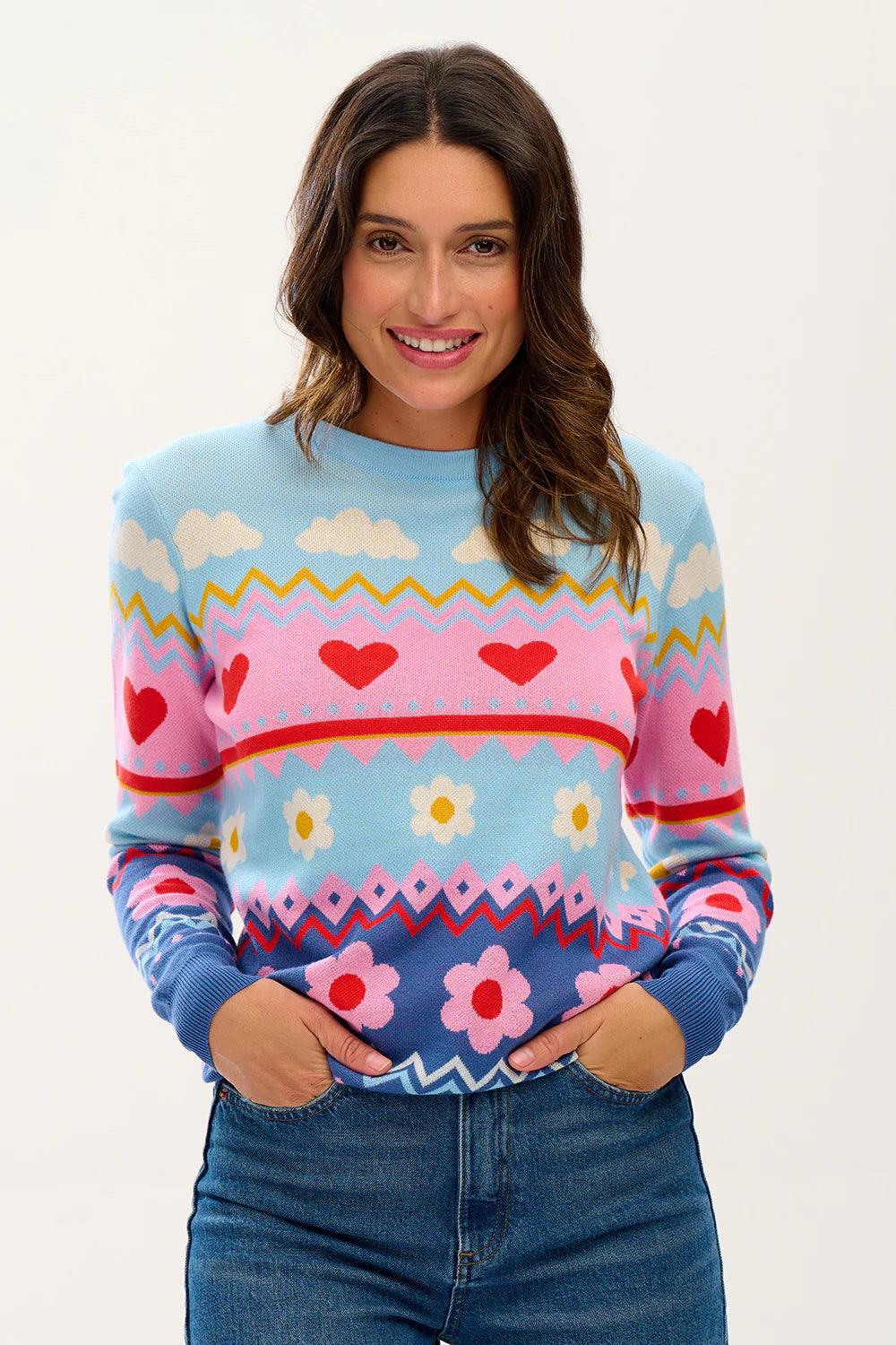 Jersey Sugarhill Rosie Fairisle Blue Multi Summer Loving - ECRU