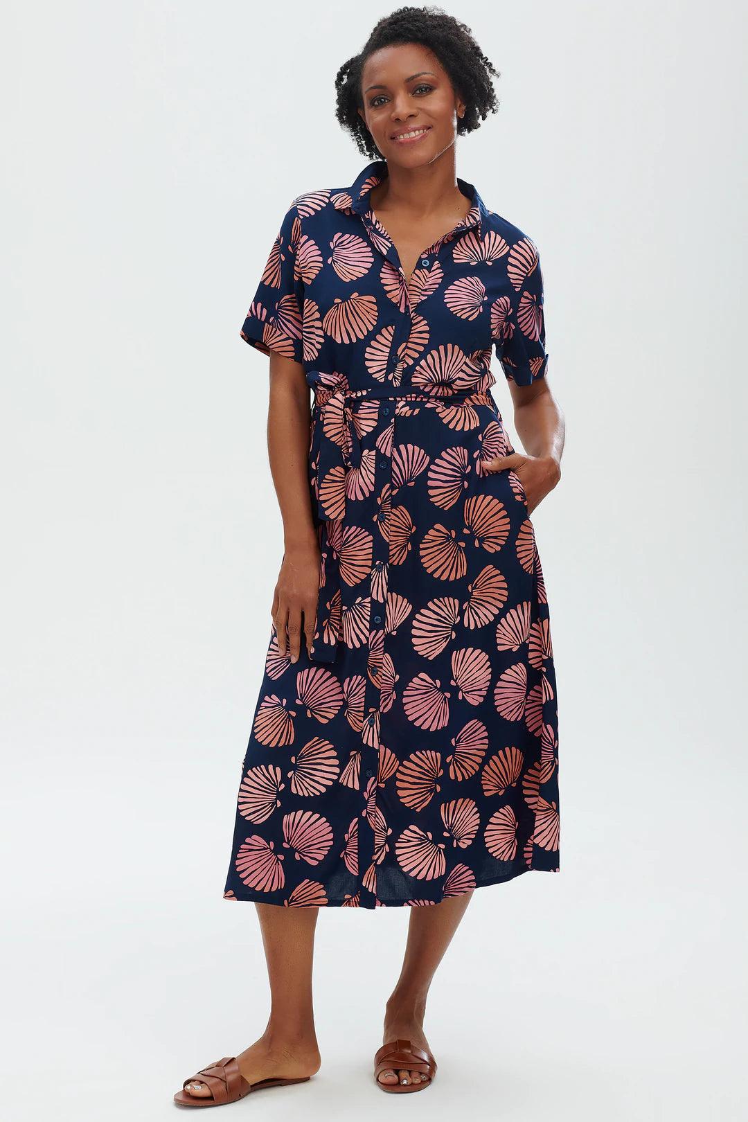 Vestido Camisero Batik Lauretta Navy Shells - ECRU