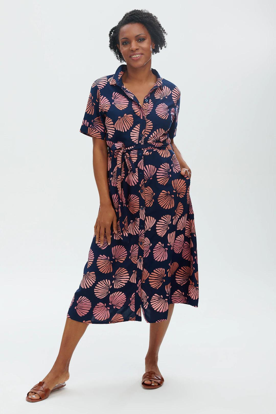 Vestido Camisero Batik Lauretta Navy Shells - ECRU