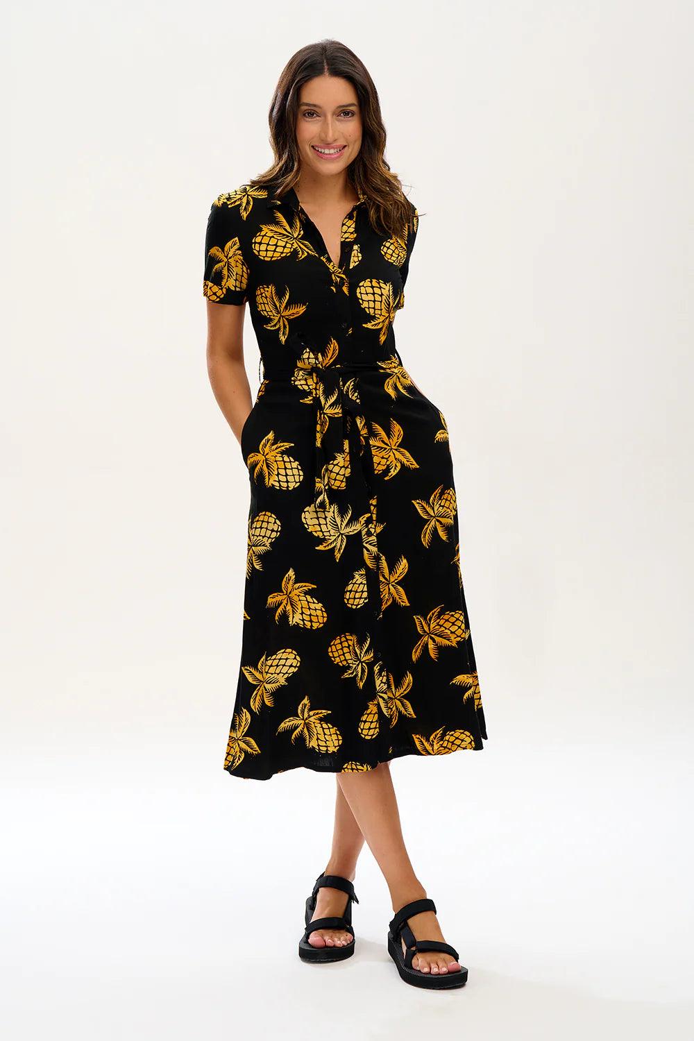 Vestido Camisero Sugarhill Melissa Batik Black Pineapples - ECRU