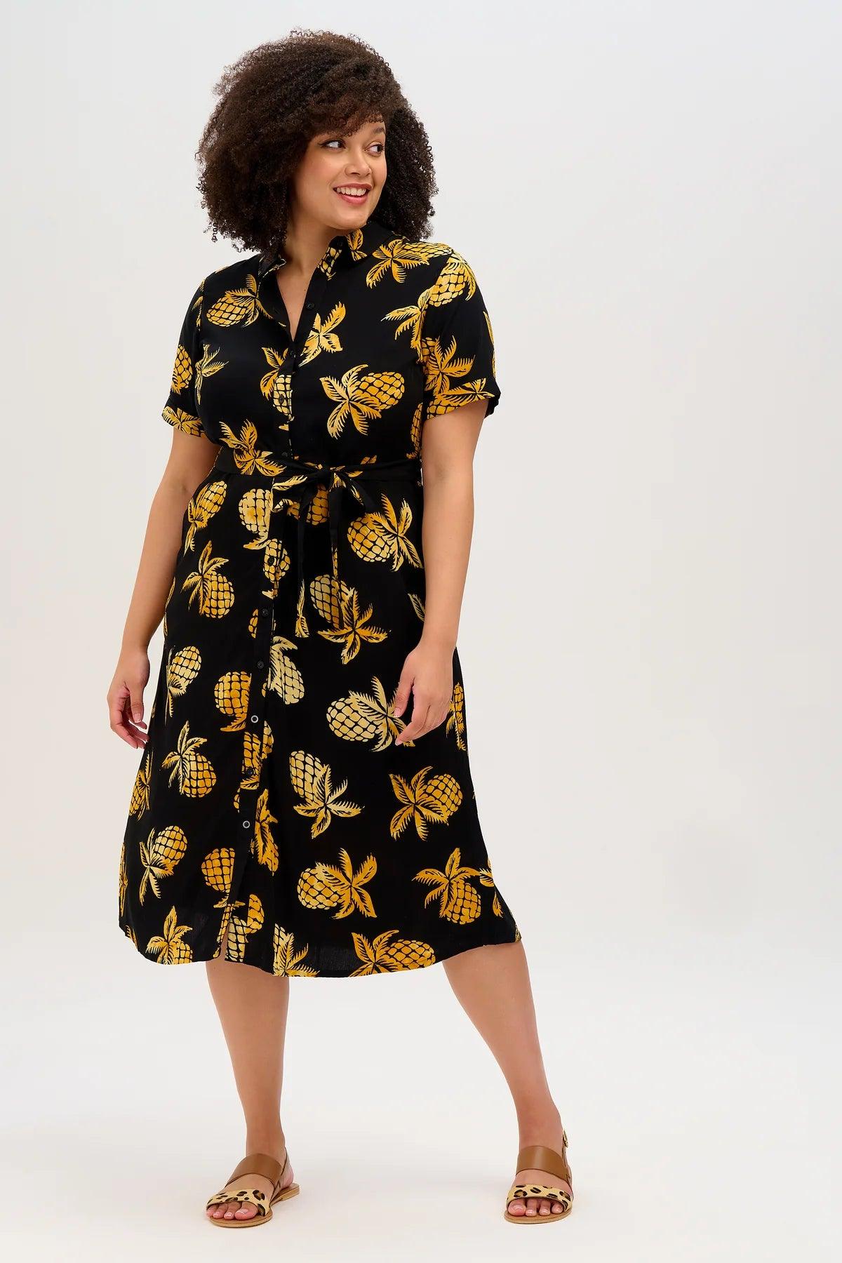 Vestido Camisero Sugarhill Melissa Batik Black Pineapples - ECRU