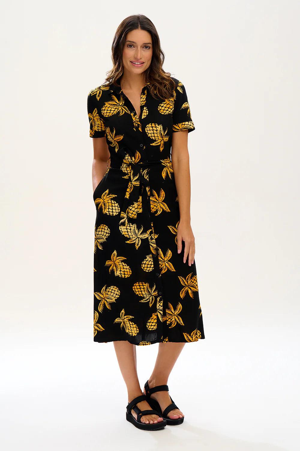 Vestido Camisero Sugarhill Melissa Batik Black Pineapples - ECRU