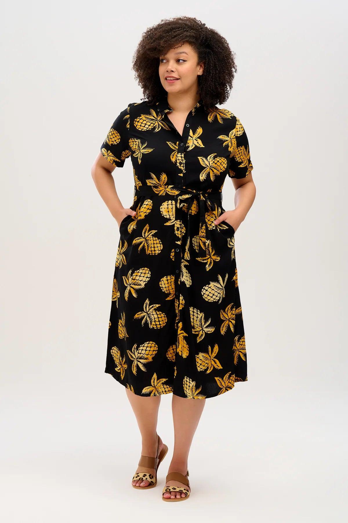 Vestido Camisero Sugarhill Melissa Batik Black Pineapples - ECRU