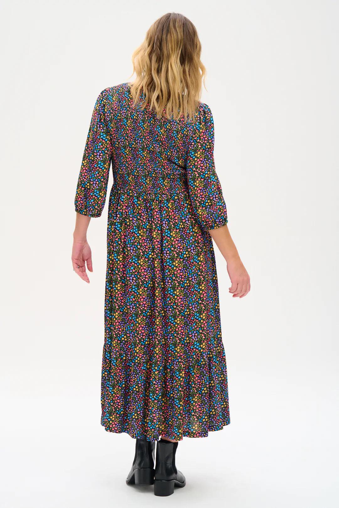 Vestido Magdalene Midi Shirred Black/Multi Ditsy Floral - ECRU