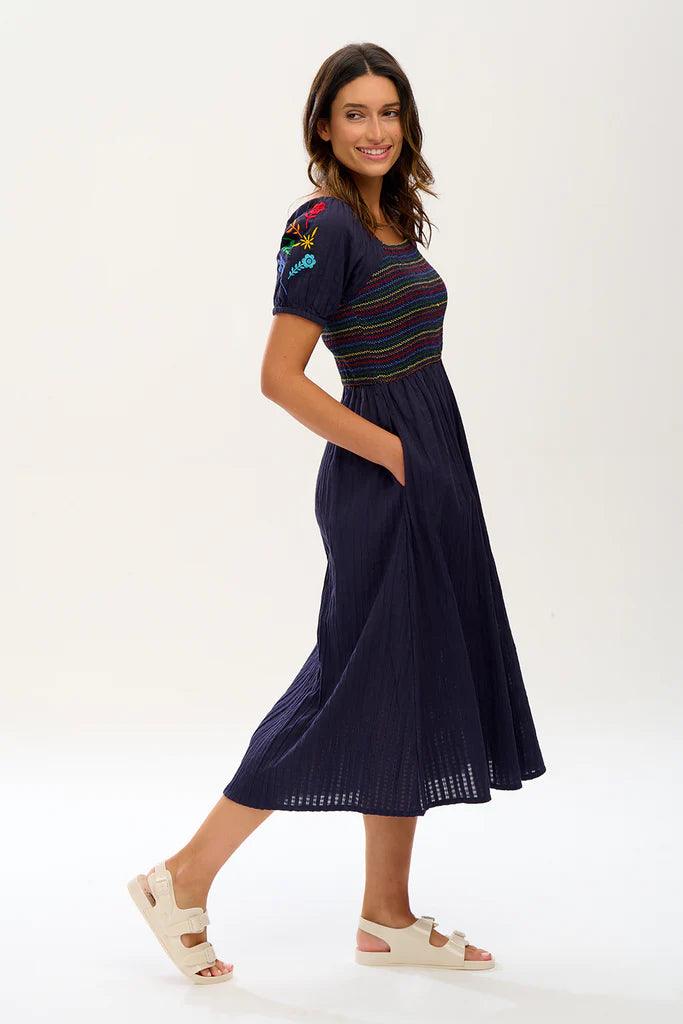 Vestido Sugarhill Lillibet Shirred Navy Rainbow Flowers - ECRU