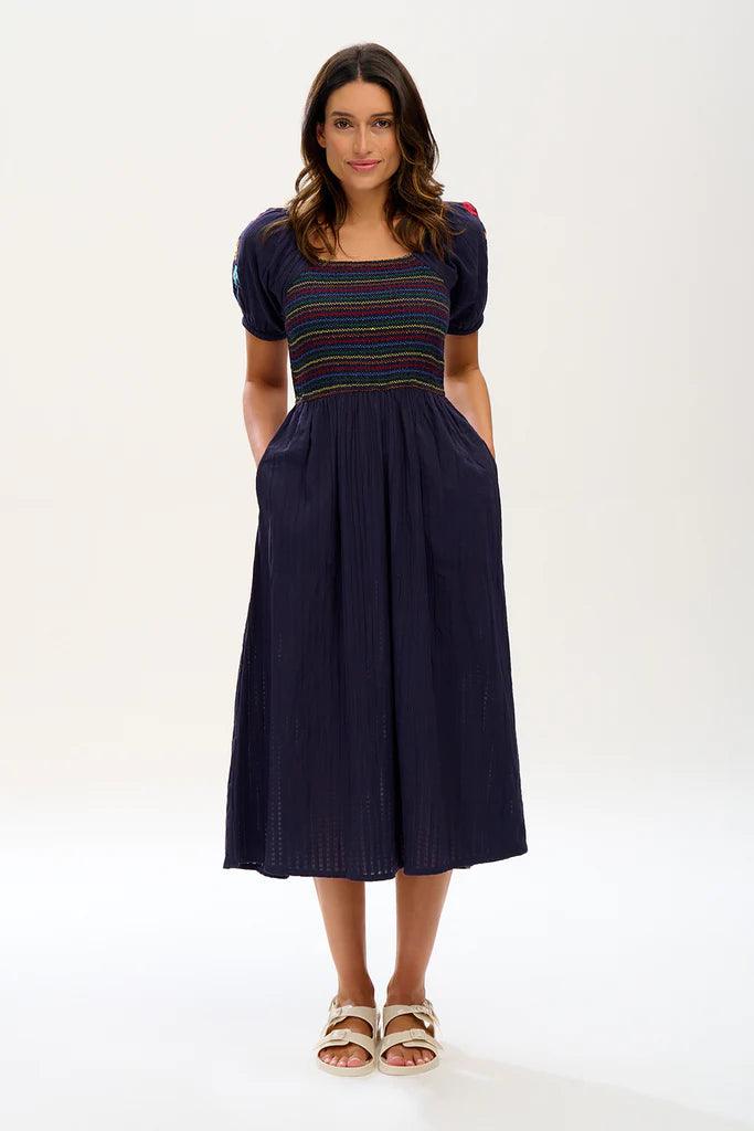 Vestido Sugarhill Lillibet Shirred Navy Rainbow Flowers - ECRU