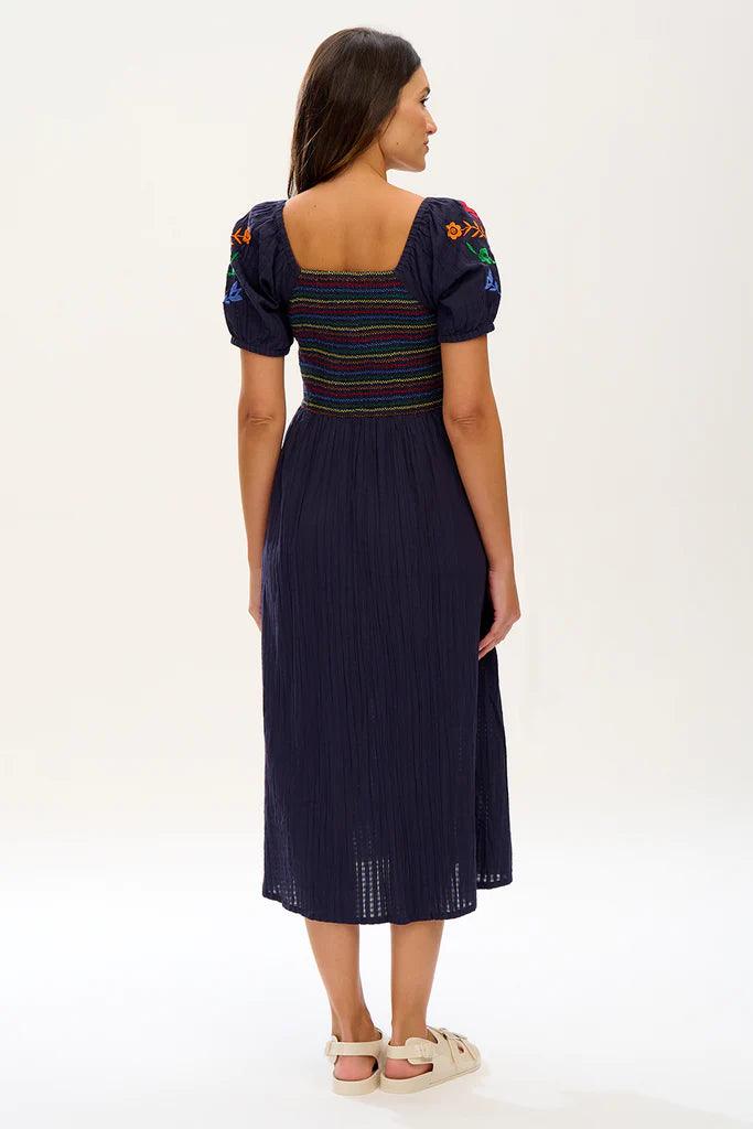 Vestido Sugarhill Lillibet Shirred Navy Rainbow Flowers - ECRU