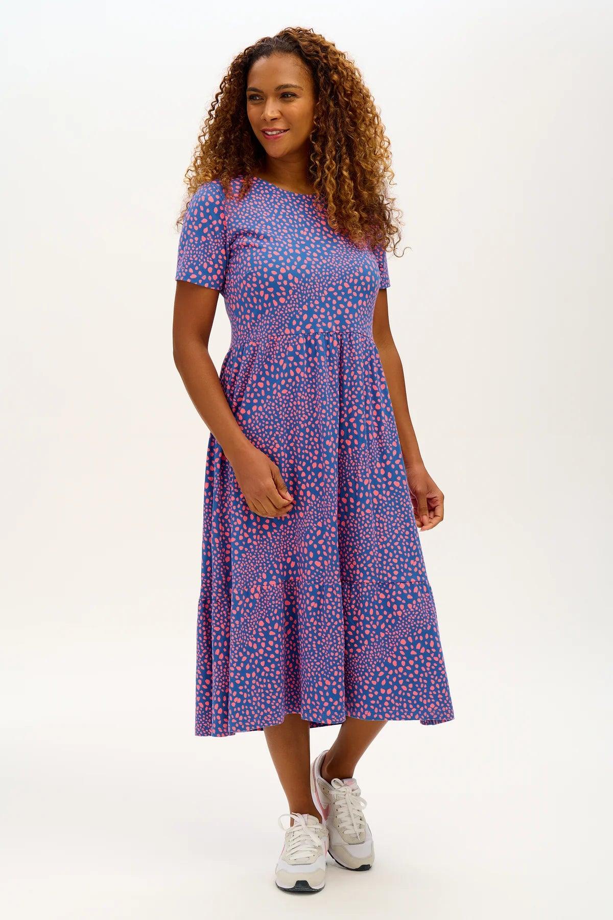 Vestido Sugarhill Unna Jersey Smock Blue Painterly Spot - ECRU