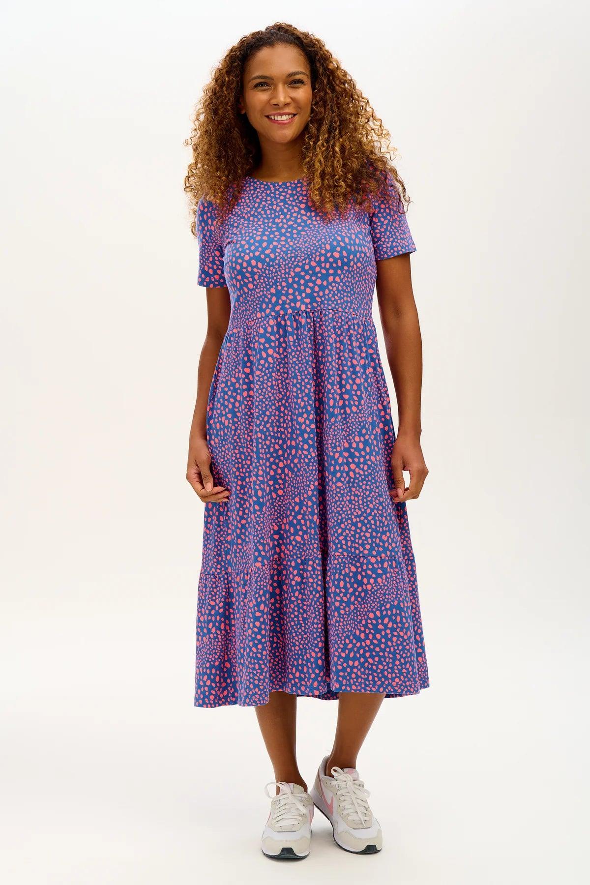 Vestido Sugarhill Unna Jersey Smock Blue Painterly Spot - ECRU